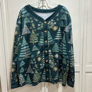 Holiday Green Button down with Tree Design Size 3XL